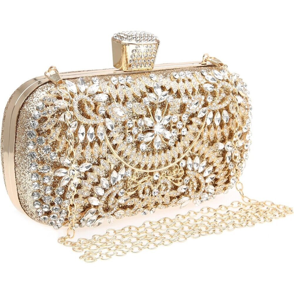 🆕Women Gold Sequin Rhinestone Glitter Evening Handbag Clutch Wedding Party